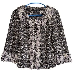 St John Black White Boucle Knit Tweed Ruffle Trim Zip Jacket Blazer Women Sz 6